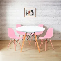 Comprar Juego Comedor Eames Mesa Redonda 80cm + 4 Sillas Eames Color Rosa Diseño de la tela de las sillas Liso