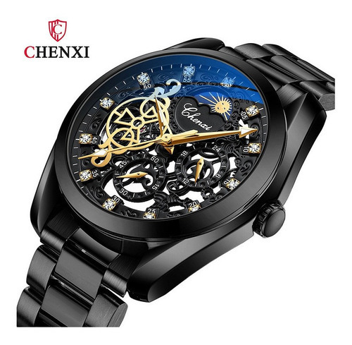 Relógio mecânico masculino Chenxi Cx-8811 com fundo da fase da lua, cor preta