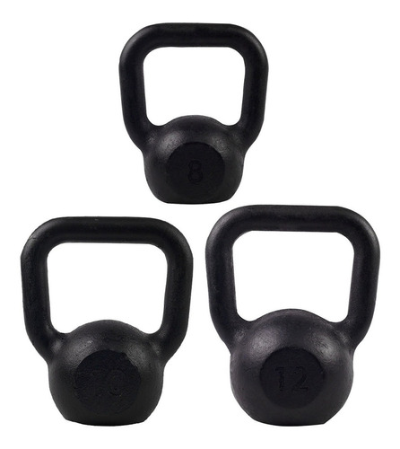 Kit 3 Pesos Kettlebells D 8, 10 E 12kg Musculação Total 30kg Cor Preto