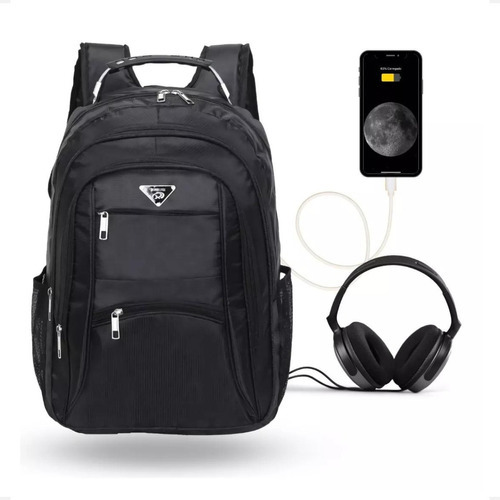 Mochila Masculina Trabalho Notebook Resistente Impermeavel Cor Preto Desenho do tecido Liso