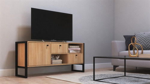 Rack Industrial Mueble Bajo Tv Hierro C/ Melamina Con Hierro Roble Nebraska Natural No