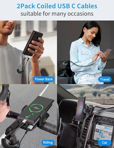 Cable Usb C Enrollado Para Coche 2 Paquetes, Cable Cargador
