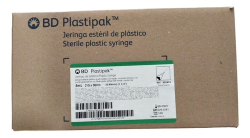 Jeringa Plastipak Bd 5ml Aguja 21gx38mm Verde C/100 Esteril Capacidad En Volumen 5ml