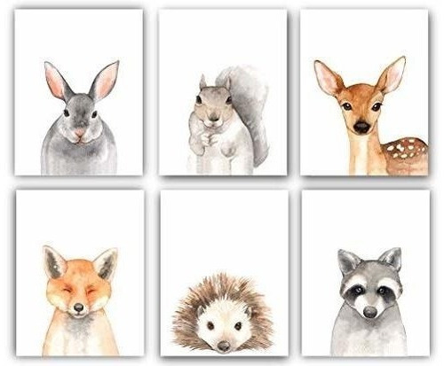 Acuarela Bosque Animales Juego De 6 Impresiones De Pared Sin