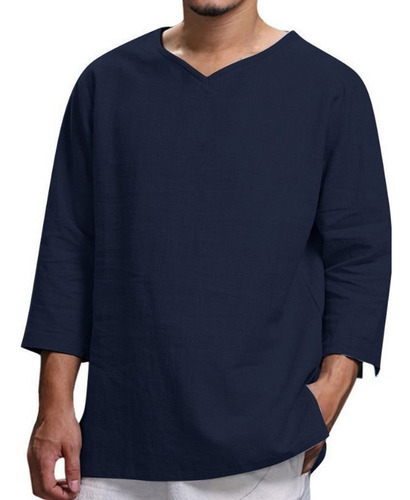 Camisa De Algodón Liso Para Hombre, Camisa Con Cuello En V