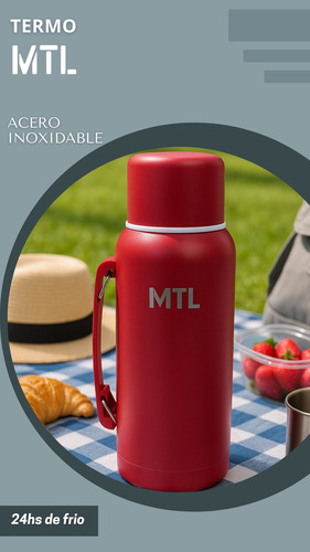 Termo Mtl 1 Litro Acero Inoxidable Color Rojo Tapa Vaso Cebador Doble Pared Ligero 24hs Frio Calor Mate Camping Oficina Compacto Manija Facil De Limpiar