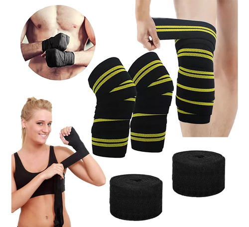 Cddgl 1 Par Vendas Para Rodilla y 2pcs 5m Correa De Boxeo Autoadhesiva Elastica Rodilleras Gym Knee Wraps,Adecuado para Voleibol,Correr, Baloncesto, Fútbol,Gimnasio,deportes,Etc.