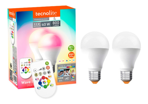 2 Focos Led Rgb Y Control Bombilla Multicolor 9w Tecnolite