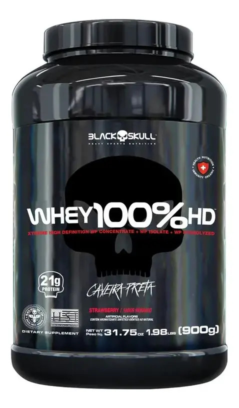 Wey 3w Para Ganhar Massa Whey Hidrolisado Isolado 907g Sabor Morango Black Skull Whey 100% HD