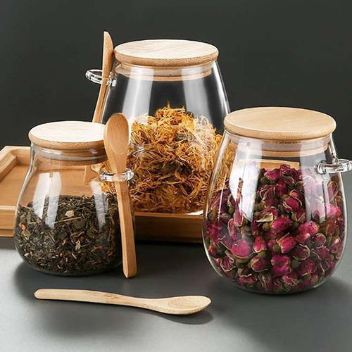 4 Recipientes De Vidrio Con Cuchara, Bote De 600ml