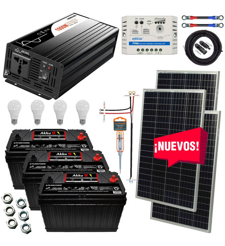 Kit Solar 1800 Watts, Akku, Inversor 1000w Onda Pura, Pwm Sd