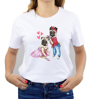 Polera Dama Estampada 100%algodón Perritos Pug Pareja 418 Polera Dama Estampada 100%algodón Perritos Pug Pareja 418