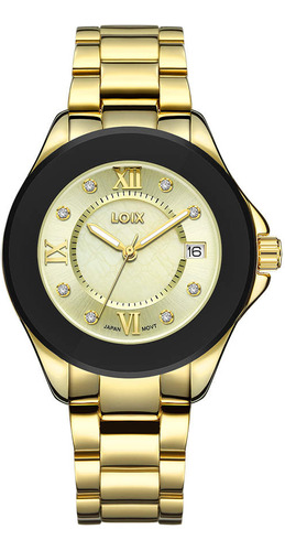 Reloj Loix Mujer L1160-5 Dorado Con Bisel En Cerámica Negro