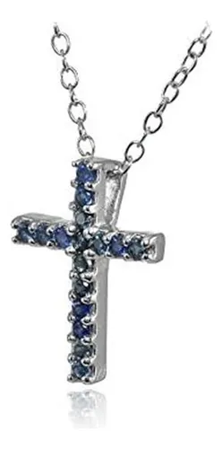 Collar De Cruz Para Mujeres O Niñas, Plata De Ley Con Azules