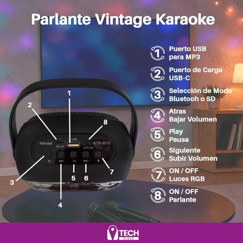 Parlante Vintage Bluetooth Karaoke Con Radio Y Micrófono Led