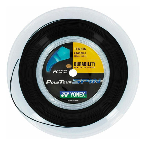 Rollo de copolímero negro Yonex Poly Tour Spin Rope, 16 l, 1,25 mm