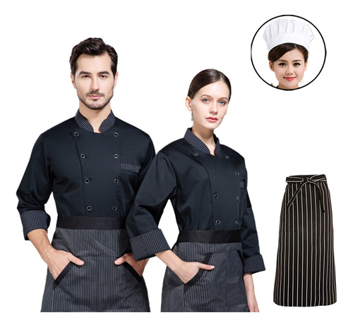 Chaqueta Chef Unisex Manga Larga Gorro Paliacate Mandil 3pcs