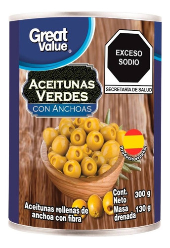 7 Pza Aceitunas Verdes Great Value Rellenas De Anchoa 300 G