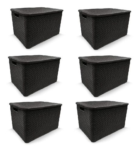 Kit 6 Caixa Organizadora Rattan C/ Tampa 20l Arqplast Cores Cor Preto Listras