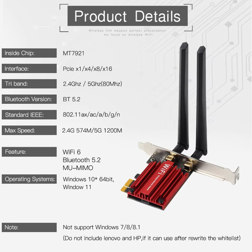 Tarjeta De Red Inalámbrico Wifi 6 Bluetooth 5.2 Ax1800 Mbps