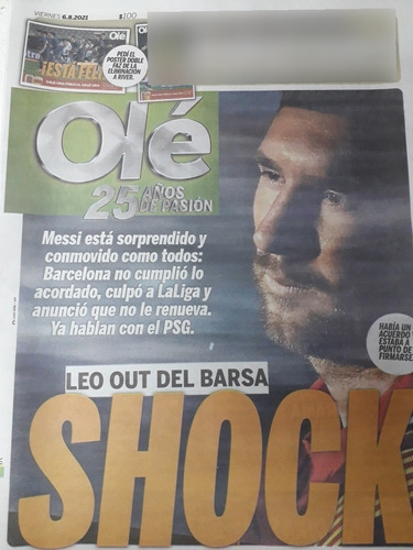 Diario Ole 6 Agosto 2021 Messi Barcelona + Póster Doble Boca