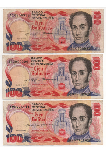 3 Billetes De 100 Bs Conmemorativos Enero 1980