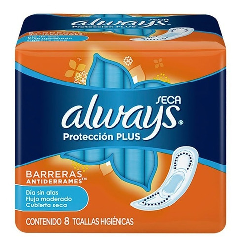 Always Protección Plus Seca Toallitas Femeninas S/alas X 8u