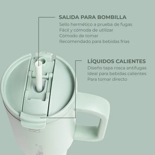 Vaso Termo Termico Buffer 1,2l Manija + Bombilla Acero Inox Sage Green