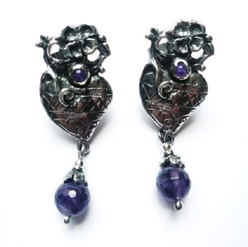 Aretes De Plata Vintage Amatista Corazón Y Flor Arg1-03at