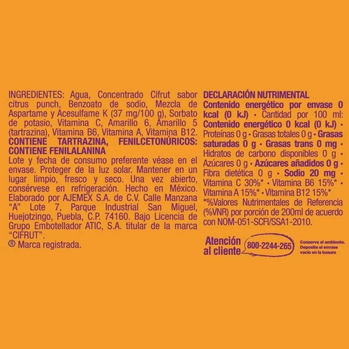 Bebida Cifrut Citrus 15 Pz De 300 Ml C/u Cítricos Sin Azúcar