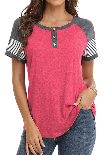 Camiseta De Rayas Mujer Con Escote En V Y Bloques De Color