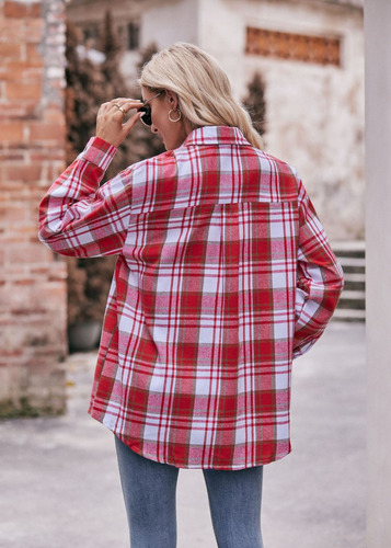 Camisa A Cuadros Mujer Moda Casual Manga Larga Con Botones