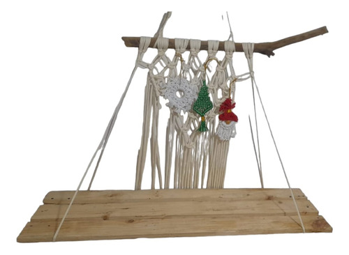 Estante Flotante Tejido En Macrame Con Base De Madera