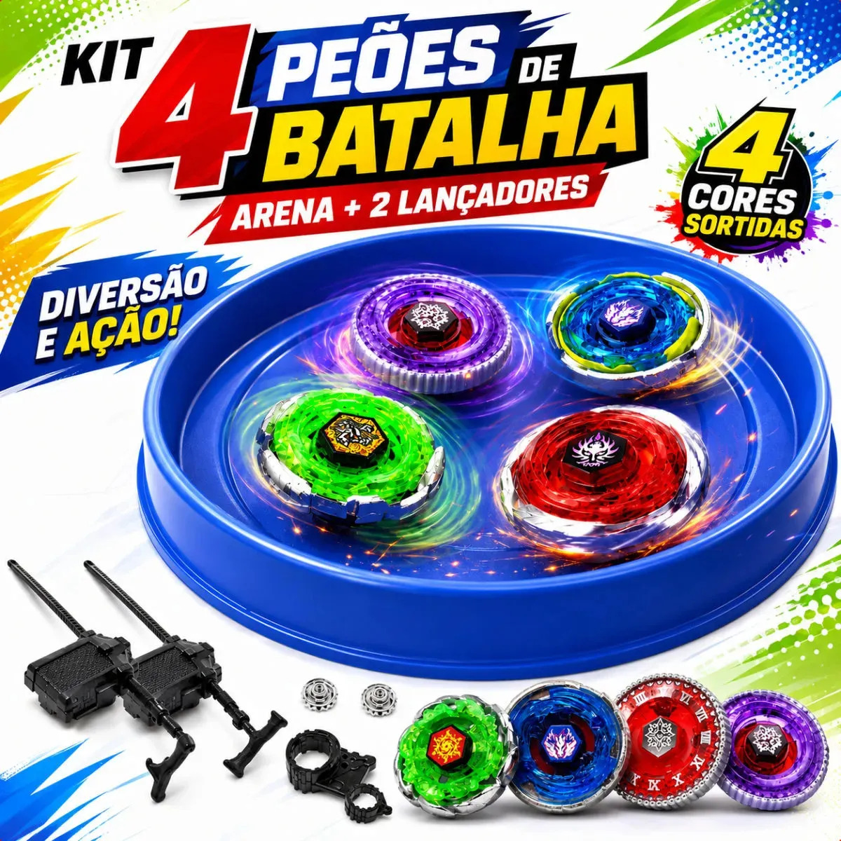 Kit 4 Piões de Batalha Metal LED com Arena e Lançadores Tornado Gyro para Crianças