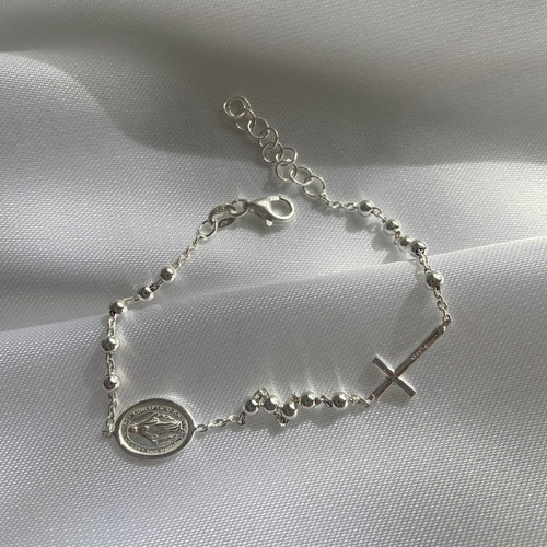 Pulsera Plata 925 Italiana Bolitas Virgen Milagrosa Cruz