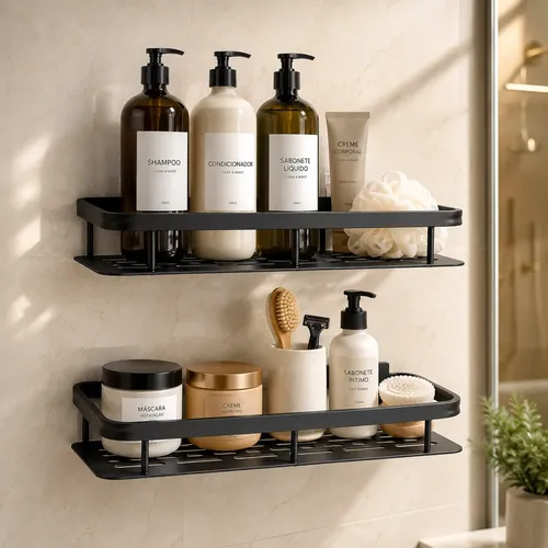 Kit 2 Suportes Porta Shampoo Sabonete Prateleira Parede Luxo Preto