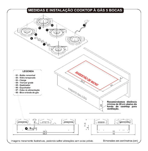 Cooktop Fogatti À Gás Fgt 5b Vidro Preto Flange Esmaltada 127V/220V
