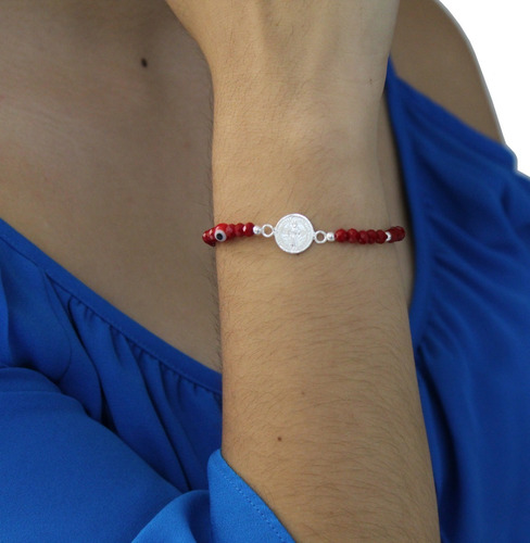 Imagen 7 de 10 de Pulsera Cristal Roja Ojo Y San Benito Plata .925 Agálea