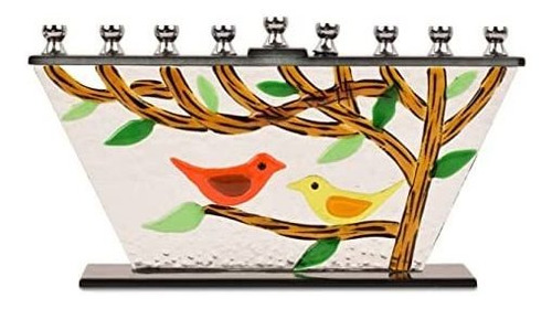Imagen 2 de 5 de Ner Mitzvah Glass Hanukkah Menorah - Birds, Tree Of Life Men