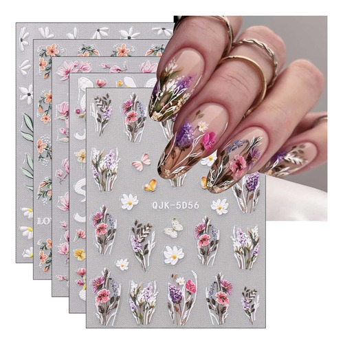 6 Hojas Pegatinas De Arte De Uñas De Flores Relieve 3d...