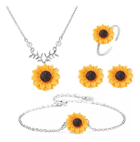 Juego De Joyas Set Girasol Collar, Aretes, Pulsera Anillo 