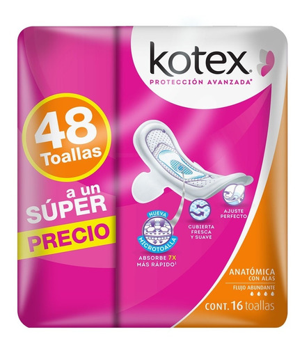 Toalla Femenina Kotex Anatómica 3paq De 16 Pzs C/u