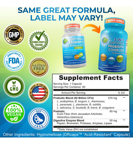 Probiotic 50 Billion Cfu, Prebiotic, Digestive Enzymes, 2 Mo