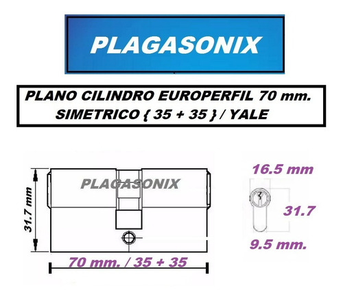 Imagen 2 de 10 de Cilindro Europerfil 70mm Simetrico 35/35 Leva 3 Llaves Yale
