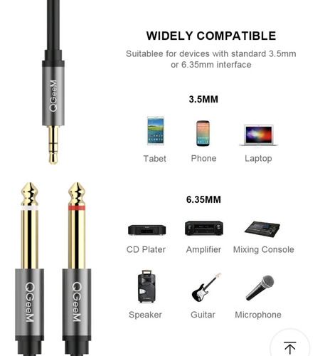 Cable De Audio Auxiliar 3.5mm A 2plug 6.3mm Chapeado En Oro