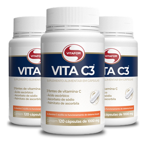 Kit 3 Vita C3 Vitamina C Vitafor 120 Cápsulas. Sabor Neutro
