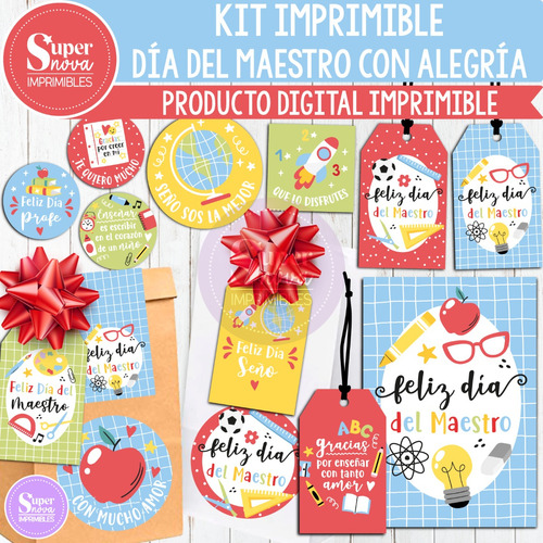 Kit Imprimible Día Del Maestro Alegría Tags Tarjeta Stickers