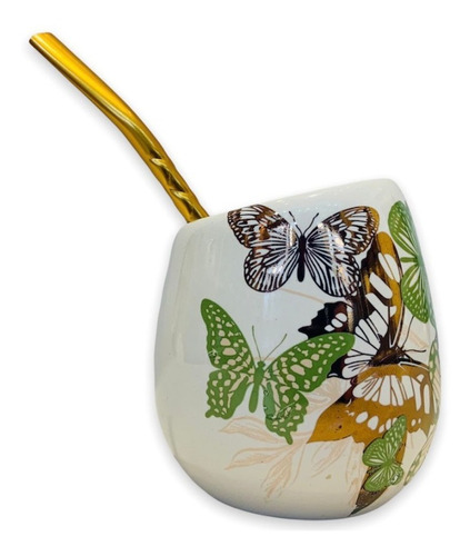 Mate Ceramica Diseño Ovo + Bombilla Dorado - Butterfly Green