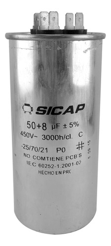 Capacitor Doble Combinado 50 + 8 Uf Sicap Refrigeración 450v