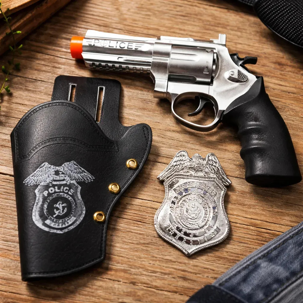 Kit Revolver Pistola Brinquedo Infantil Criança Policial Prata
